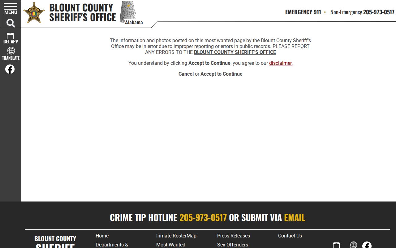 Blount County wanted fugitives accuracy disclaimer